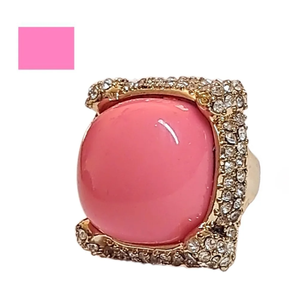 Vivid Hot Pink Faux Stone Gold Tone Ring with Rhinestones | Size 7